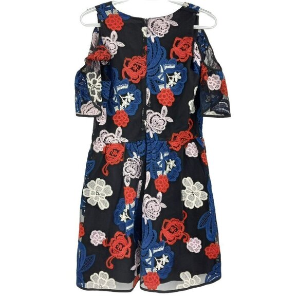 Devlin Kara Floral Embroidered Mini Dress Black Multi Cold Shoulder Boho M - Picture 4 of 10